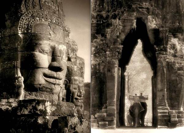 Другой мир: (R) Огромные каменные лица около Байона Angkor Thom (Камбоджа), являются безмолвными свидетельствами веры людей в буддизм во времена Кхмерской империи, расцвет которой приходился с 9 по 14 столетия. (L) Величественные руины: слон в Западных Воротах Angkor Thom, означающего «Великий город», камбоджийского объекта Всемирного наследия ЮНЕСКО, дает представление о размерах храмов, оставшихся от империи Кхмеров. Фото предоставлено галереей Sundaram Tagore