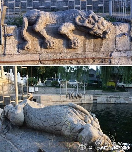 Две статуи божественных существ под белым мраморным мостом в Пекине. Фото: Weibo