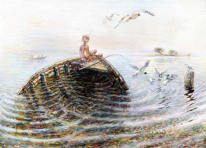 Мальчик и старая лодка. Художник Рашит Сафиуллин