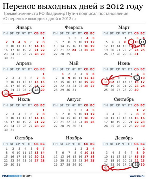 Перенос выходных дней в 2012 году