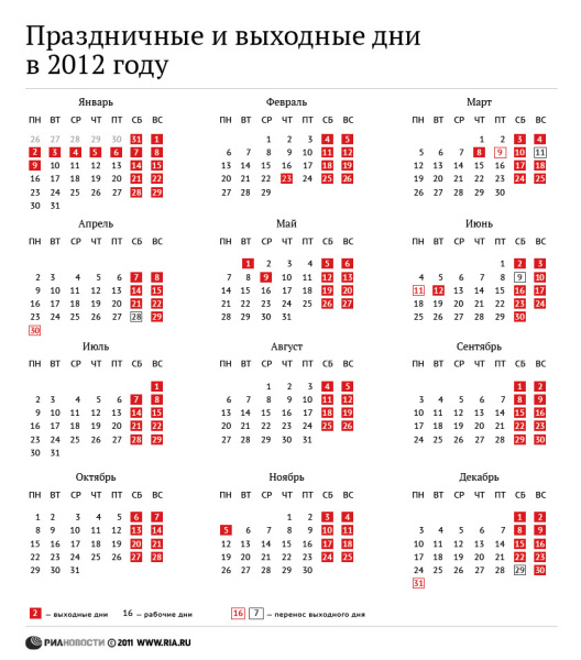 Праздничные и выходные дни в 2012 году
