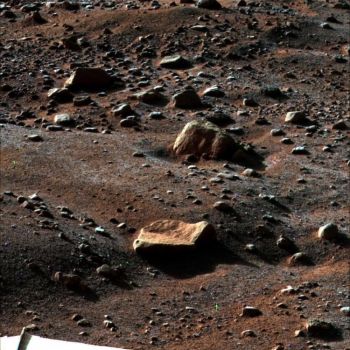 На марсианском грунте вокруг Phoenix Mars Lander («Феникс» - посадочный модуль НАСА) виден тонкий слой замёрзшей воды. (NASA/JPL-Caltech/University of Arizona/Texas A&M University)
