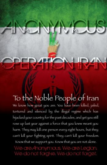 Баннер   «Анонимов» для операции «opiran» -  хакерских атак против иранского правительства.  Фото: Anonymous Operations
