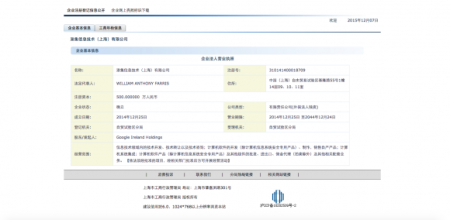 Официальные регистрационные документы Pengji Information Technology, новой корпорации Google в Шанхае. Фото: Screenshot/Epoch Times