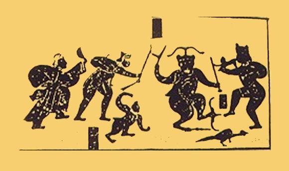 Первобытный китайский рисунок, на котором изображена битва против Чы Ю. Лидер племени — вторая справа крупная фигура на рисунке. Фото: Public Domain