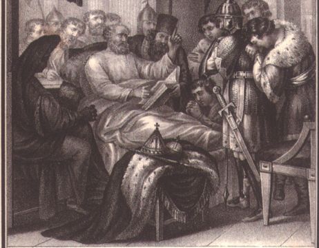 Завещание Владимира Мономаха детям, 1125. Литография по рисунку художника Бориса Чорикова для издания «Живописный Карамзин» (Санкт-Петербург, 1836). Фото: ru.wikipedia.org/ Public Domain