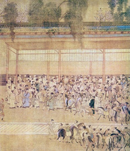 Фрагмент картины «Рассматривая списки выдержавших экзамен», Цю Ин, династия Мин