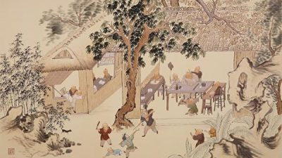 Деревенские мальчишки играют и учатся, сучжоуская вышивка. Public Domain