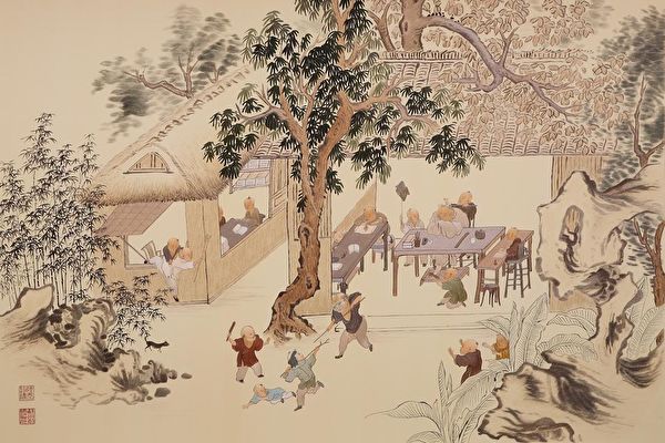 Деревенские мальчишки играют и учатся, сучжоуская вышивка. Public Domain