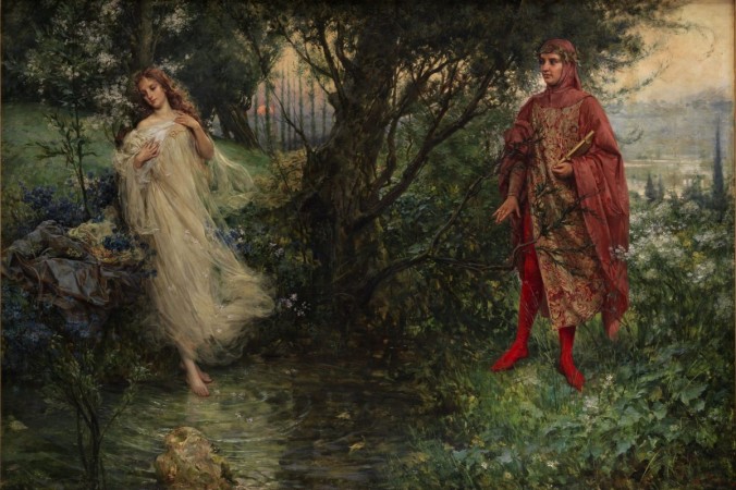 «Данте и Беатриче», 1906 год, Сальваторе Постильоне. Беатриче ведёт Данте через небеса, объясняя, что сотворённые Богом и изгнанные на Землю жаждут вернуться на небо. (Всеобщее достояние)