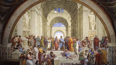 Рафаэль Санти
Афинская школа. 1510—1511
Scuola di Atene
фреска. 500 × 770 см
Апостольский дворец, Ватикан (инв. 6306a.)  (Фото: wikipedia.org. Общественное достояние)