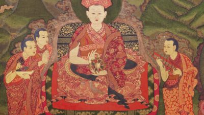 Тензин Рабджи и слуги, настенная живопись, конец XVII века, zimkhang, Монастырь Танго, Бутан. wikipedia.org. Общественное достояние