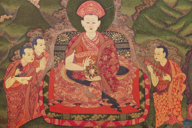 Тензин Рабджи и слуги, настенная живопись, конец XVII века, zimkhang, Монастырь Танго, Бутан. wikipedia.org. Общественное достояние