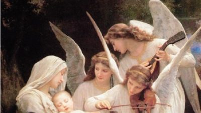Фрагмент картины «Дева с ангелами (Песнь ангелов)» 1881 года Уильяма Бугро. Масло, 84 дюйма на 60 дюймов. Музей лесной лужайки, Калифорния. (Всеобщее достояние)
