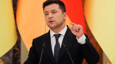 Президент Украины Владимир Зеленский на совместной пресс-конференции в Мариинском дворце в Киеве 22 августа 2021 г.