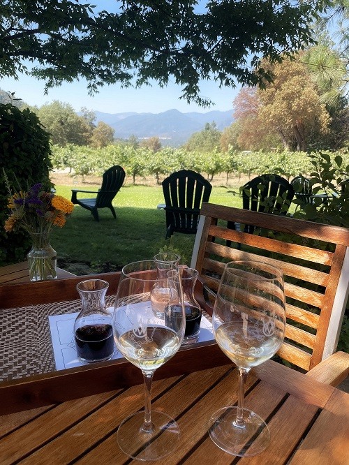 Роскошный вид с места для дегустации вина на винодельне Wooldridge Creek Winery в южном Орегоне.