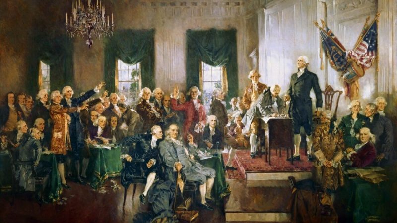 Национальный долг или национальное величие? Отцы-основатели США предупреждали о пагубности накопления долгов. «Сцена подписания Конституции Соединённых Штатов», 1940 год, автор Говард Чендлер Кристи. (Public Domain)