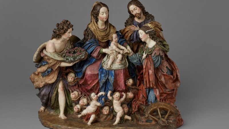 «Мистический брак Святой Екатерины», 1692-1706, Луиза Ролдан. Полихромная терракота; ~36 cм на ~45cм на ~29,5 см на ~83cм. (Музей и библиотека Испанского общества)
