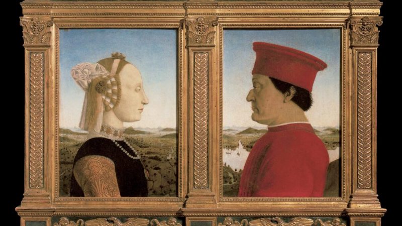 Портрет Баттисты Сфорца и Федерико да Монтефельтро, около 1473–1475 годов, работы Пьеро делла Франческа. Масло по дереву; 48 см на 33 см на панель. Галерея Уффици. (Всеобщее достояние).

