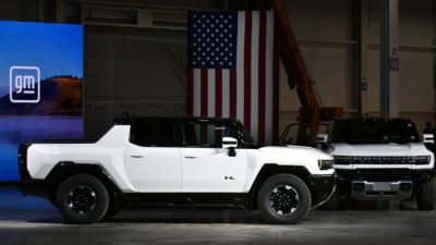 GMC Hummer EVs are seen as the US president tours the General Motors Factory ZERO electric vehicle assembly plant in Detroit, Michigan on November 17, 2021. (Photo by MANDEL NGAN / AFP) (Photo by MANDEL NGAN/AFP via Getty Images)