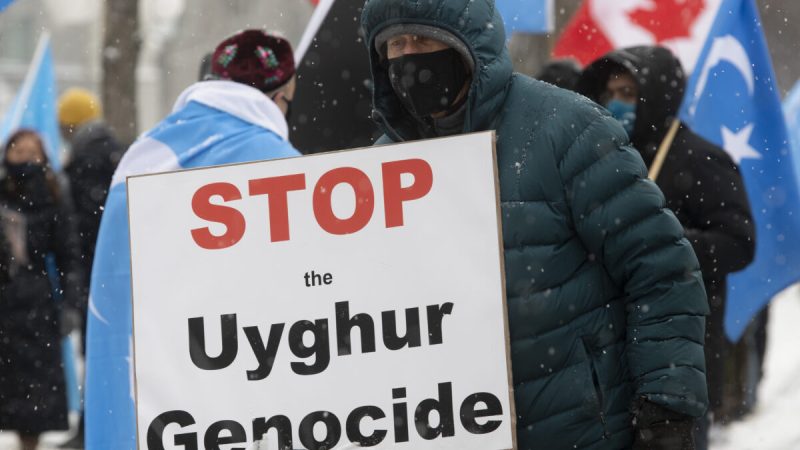 Демонстранты у здания парламента в Оттаве во время акции протеста против геноцида уйгуров 22 февраля 2021 г. (Adrian Wyld/The Canadian Press)  