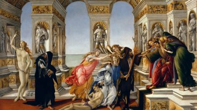 «Клевета на Апеллеса», картина 1496 года, художник Сандро Боттичелли. Размеры картины; 62 см на 91 см. Галерея Уффици, Флоренция, Италия. (Общественное достояние) 