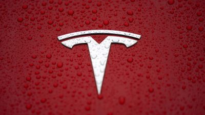 Логотип Tesla на заводе Tesla Shanghai Gigafactory в Шанхае, Китай, 7 января 2019 года. (Aly Song/Reuters)
