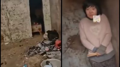 Скриншот видео с матерью восьми детей (справа), закованной в сарае в городе Сюйчжоу, провинция Цзянсу, Китай, в январе 2022 года. Фото: Screenshots via Douyin