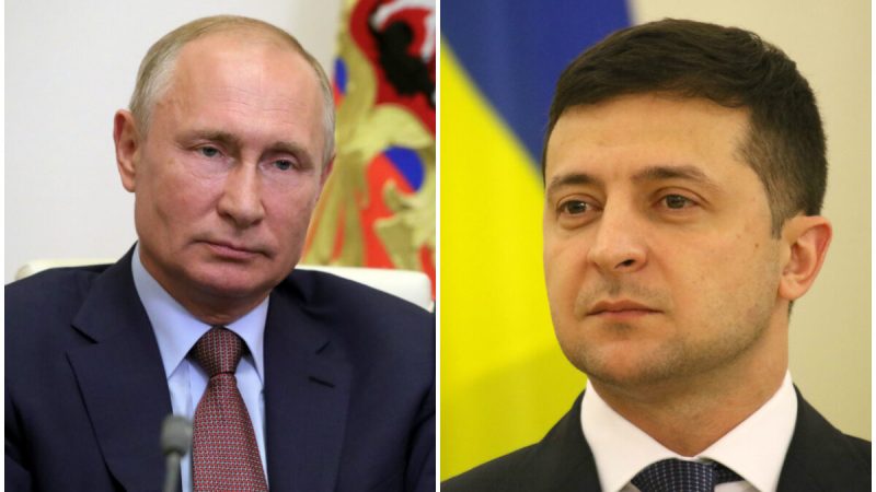 Композитное изображение президента России Владимира Путина (слева) и президента Украины Владимира Зеленского (справа). (Sputnik/Alexei Nikolsky/Kremlin via Reuters/Petras Malukas/AFP via Getty Images)