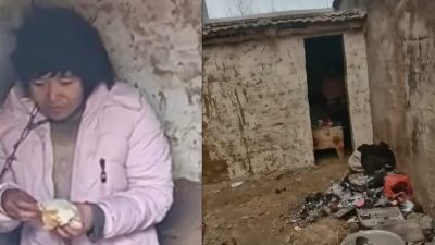 Скриншот видео с матерью восьми детей (слева), закованной в деревенскую хижину в городе Сюйчжоу, провинция Цзянсу, Китай, в январе 2022 года.  (Screenshots via Douyin) 
