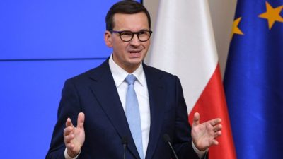 Премьер-министр Польши Матеуш Моравецкий выступает на пресс-конференции в конце второго дня встречи лидеров Европейского союза в Брюсселе, Бельгия, 22 октября 2021 года. Фото: JohnThys/AFPviaGettyImages
