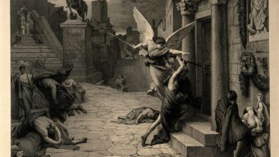 Ангел смерти, бьющий в дверь во время чумы в Риме; гравюра Жана-Шарля Левассёра по картине Жюля-Эли Делоне, около 1823 года. (Image: via Public Domain) 