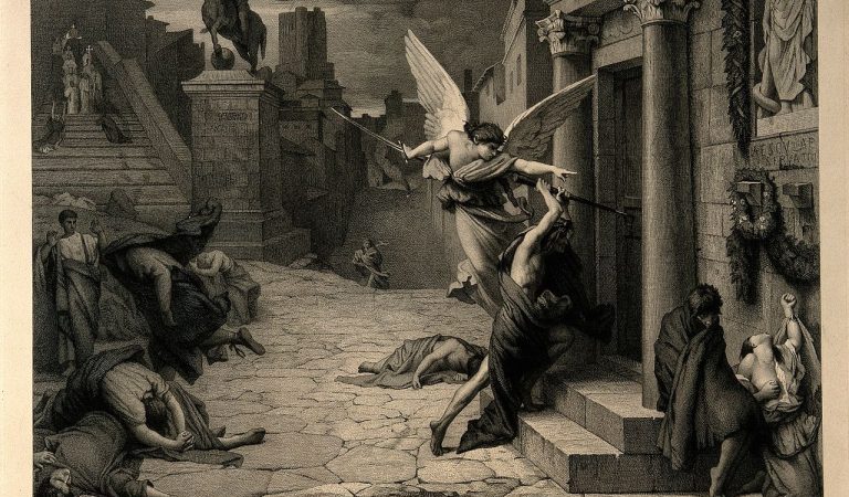 Ангел смерти, бьющий в дверь во время чумы в Риме; гравюра Жана-Шарля Левассёра по картине Жюля-Эли Делоне, около 1823 года. (Image: via Public Domain) 