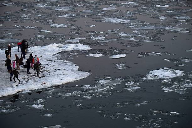 Люди на льдине. Фото: ATTILA KISBENEDEK/AFP via Getty Images