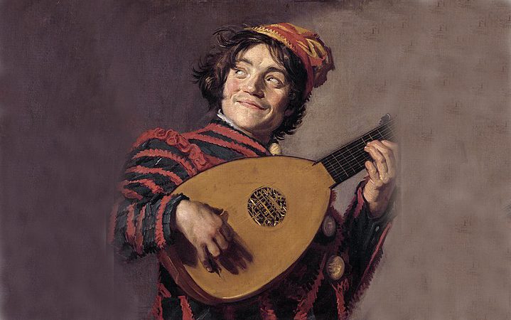 Буффон*, играющий на лютне, 1624 год, автор Франс Хальс. Масло на холсте, 70 см. на 62 см. Музей Лувра, Париж (Общественное достояние)