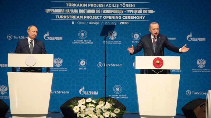 Президент Турции РеджепТайипЭрдоган и президент России Владимир Путин на церемонии открытия газопровода «Турецкий поток» 8 января 2020 года в Стамбуле, Турция. Фото: BurakKara/GettyImages 