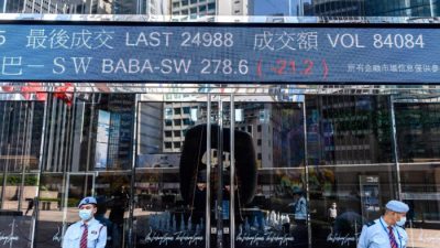 Строка с активностью акций Alibaba Group Holding Ltd (BABA-SW) над охранниками у башен Exchange Square в Гонконге, 4 ноября 2020 г. (Anthony Wallace/AFP via Getty Images)
