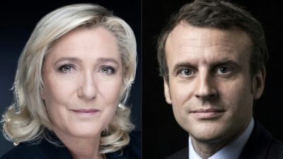 Кандидат в президенты Франции Марин Ле Пен 20 октября 2021 г. Президент Франции Эммануэль Макрон 7 марта 2017 г. Фото: Joël Saget and Eric Feferberg/AFP via Getty Images