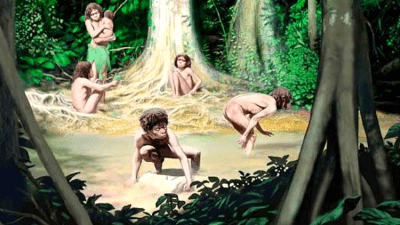 Представители древнего человеческого вида Homo fluoresiensis, также известные как «хоббиты», согласно изображению художника | Библиотека научных фотографий / Alamy Stock Photo