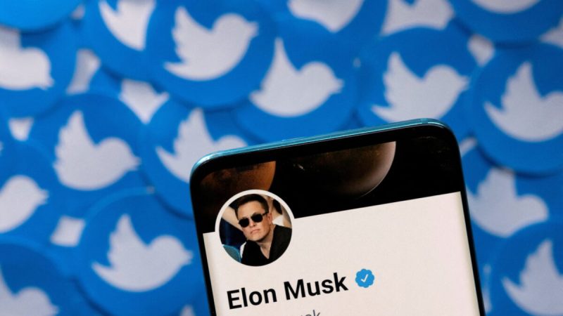 Профиль Илона Маска в Twitter на смартфоне, размещённый на печатных логотипах Twitter, 28 апреля 2022 года.(Dado Ruvic/Reuters)