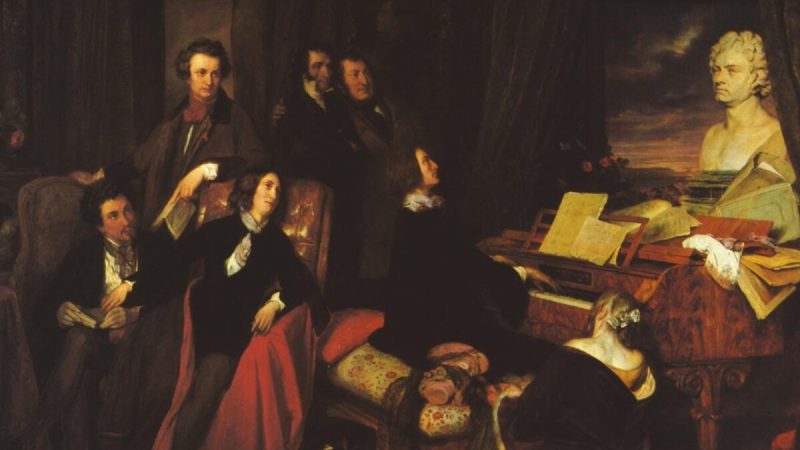 «Ференц Лист фантазирует за фортепиано», 1840 год, Йозеф Данхаузер. На картине показано воображаемое собрание знаменитостей того времени: Ференц Лист сидит за клавиатурой, Паганини стоит в центре на заднем плане, и все собравшиеся смотрят на бюст Бетховена. Государственный музей Берлина. (Public Domain)
